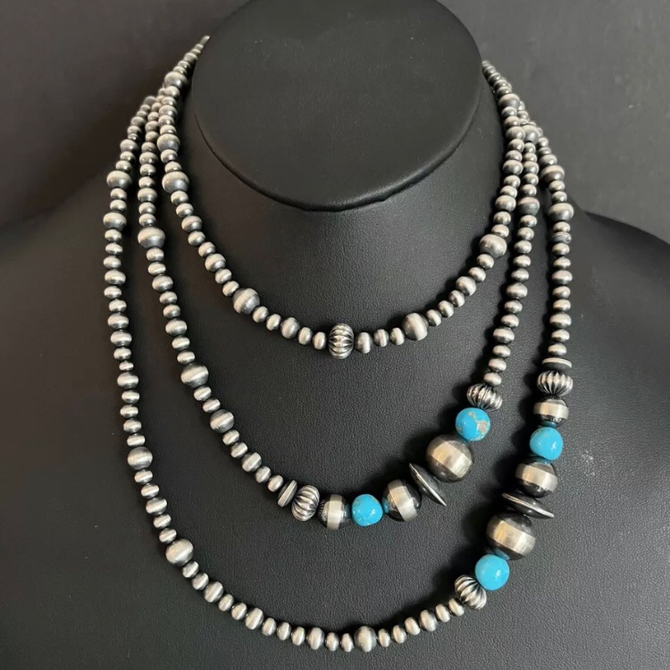 60” Sterling Silver Sleeping Beauty Turquoise Pearls Bead Necklace